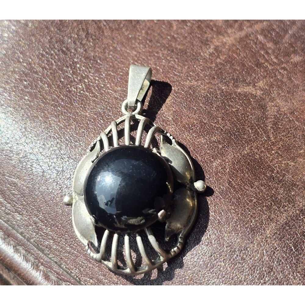 Vintage Norwegian 830 Sterling Silver Pendant, Black Onyx Stone Pendant - Picture 7 of 7